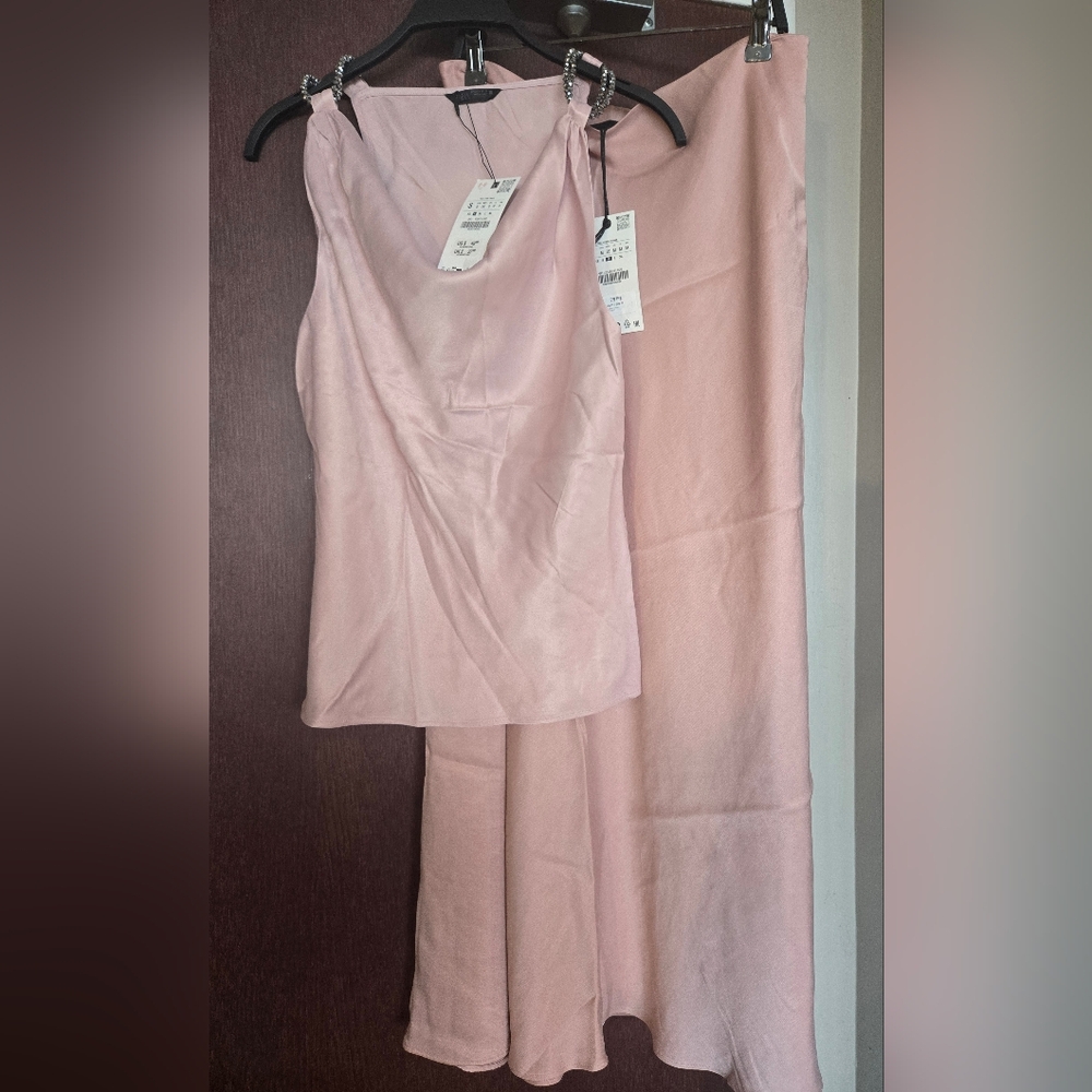 Zara Pale Pink Satin Cowl Neck Tank with Ring Straps